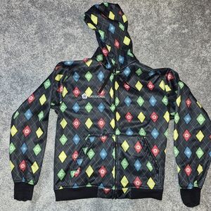 Sessions Mens Black Hooded Zip Jacket with Multi-Color Diamond Print